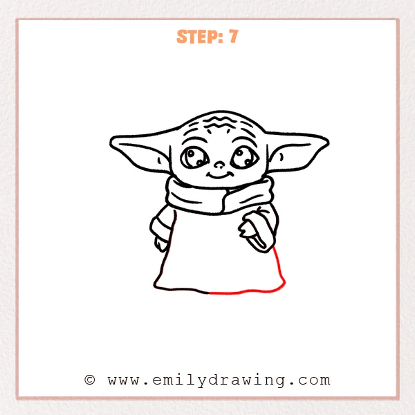 how to draw a baby yoda - Step 7: The right outer edge of Baby Yoda’s robe is completed to match the left.